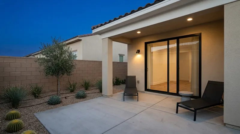 Rear patio with black-framed glass doors, warm interior light, stucco walls, and low-maintenance xeriscaping.