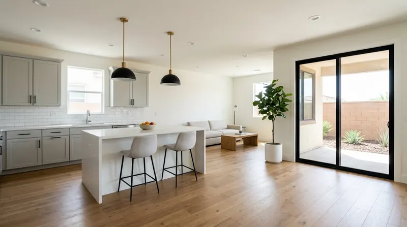 Open-concept kitchen and great room with a quartz waterfall island, gray cabinets, and black-framed patio doors.