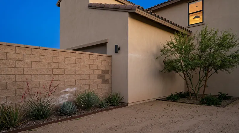 Twilight side yard with a multi-trunk palo verde beside a stucco house, masonry wall, and glowing upper window.