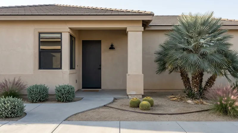 Sand-toned stucco home with a recessed entry, curved walkway, and blue-gray fan palm rising above the roof.