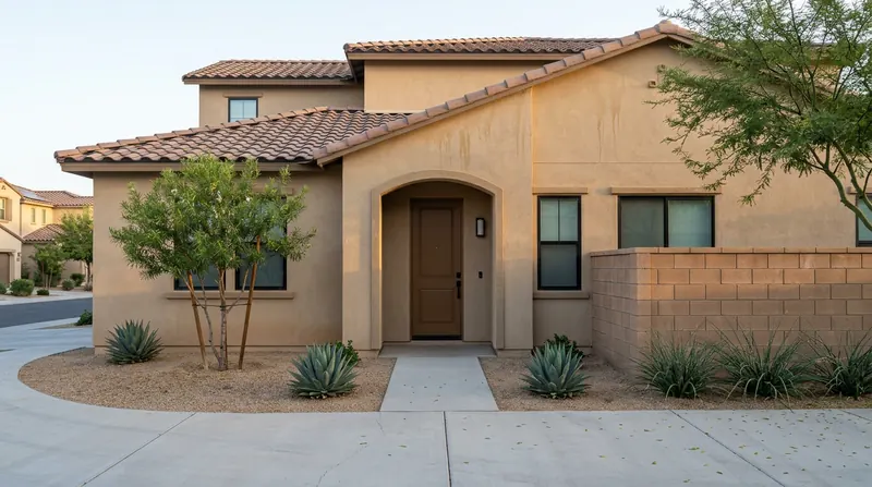 Two-story sand-stucco home with a recessed arched entry, layered terracotta tile roofs, and desert plants along the walkway.
