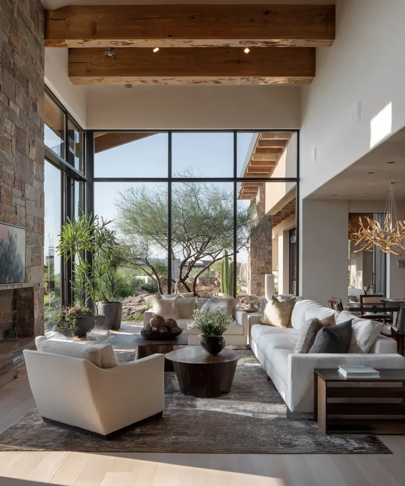 Modern living room with white sofas and floor-to-ceiling windows.