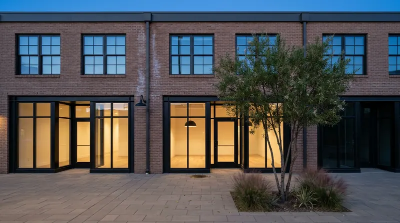 Three-bay brick storefront with black-framed windows, two warmly lit interiors, and a desert willow in the sidewalk.