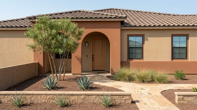 Single-story stucco home with an arched entry, clay-tile roof, flagstone path, desert willow, and agaves.