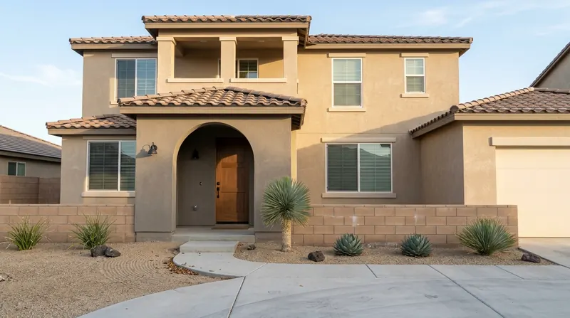 Two-story stucco home with an arched entry, clay tile roof, and xeriscaped approach.
