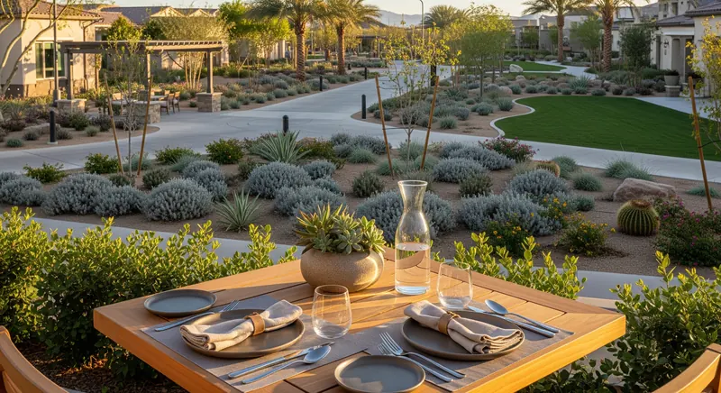 Outdoor dining table set with plates and a glass carafe overlooks landscaped gardens and a winding path.