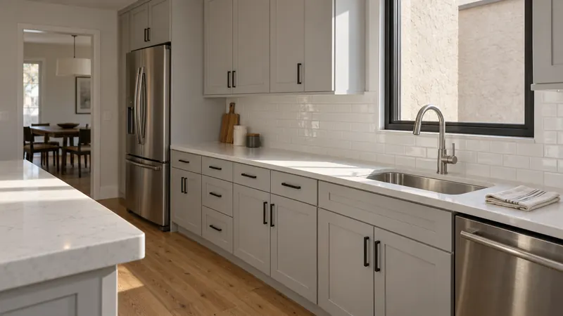 Stainless sink beneath a closed black-framed window, set in light-gray cabinets beside a white quartz island.
