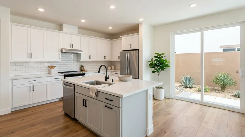 Bright kitchen with a large island and a view of a walled xeriscape garden.