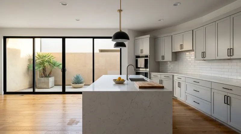 Open kitchen with a veined quartz waterfall island, gray Shaker cabinets, and a glass wall overlooking a planted courtyard.