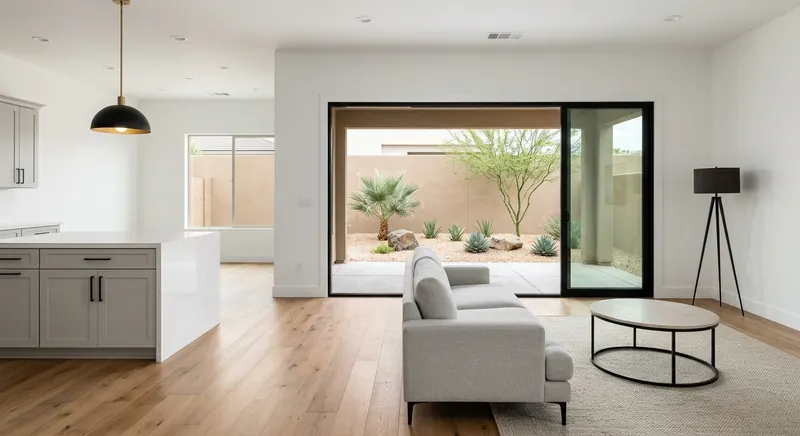 Living room with an oak coffee table, sofa, kitchen island, and sliding glass door opening onto a walled yard.