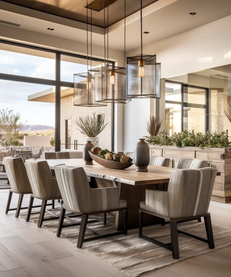 Modern dining room with a long wood table and oversized pendant lights beside large windows.