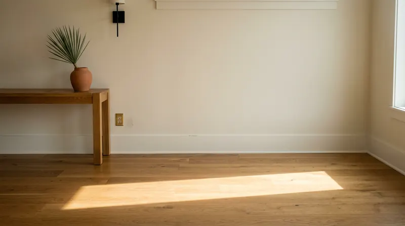 Warm off-white wall above a honey-oak floor, with a diagonal sunbeam and a console holding a terracotta vessel and yucca stem.