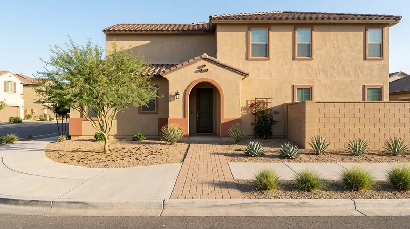 Paved path follows a masonry wall through xeriscape plantings toward an entry and specimen tree.