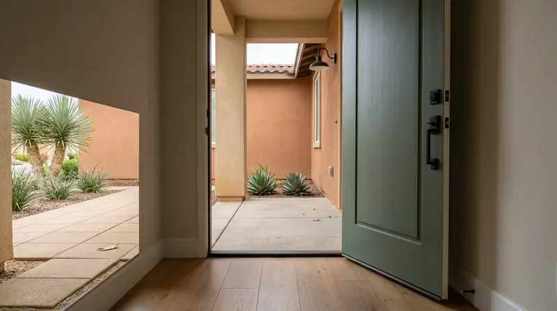 Open sage door reveals a stucco porch, tan paver walk, and entry bed with yucca, hesperaloe, and agaves.