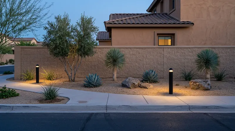 Curving sidewalk, tan masonry wall, xeriscaped planting, and stucco facade lit by warm path lights.