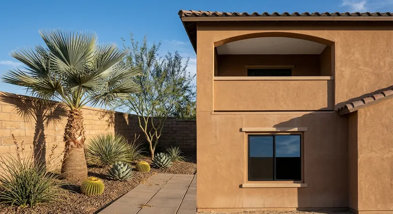 Stucco house facade with arched balcony, clay-tile eaves, and desert plants among gravel and pavers.