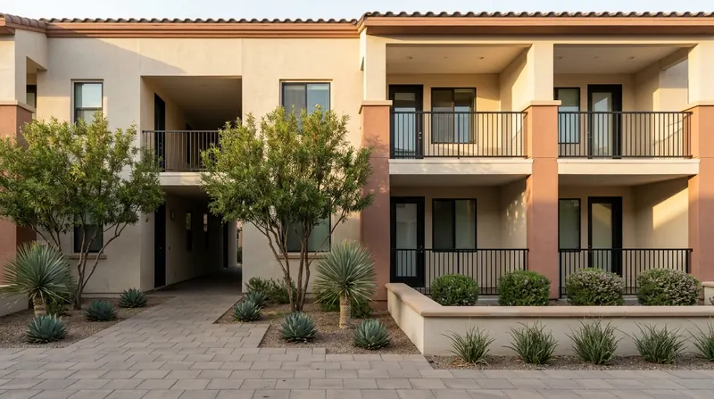 Low-rise condo building with shared breezeway entries, stacked balconies, and decomposed-granite xeriscaping.