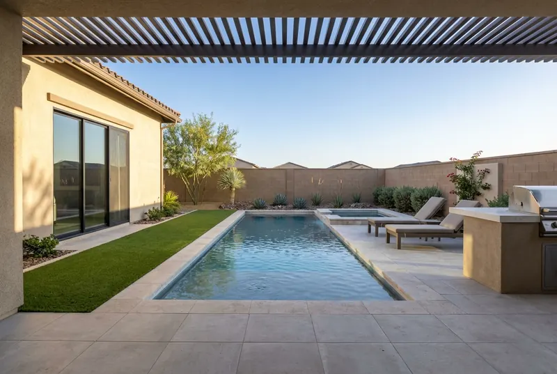 Covered patio overlooking a lap pool and spa, with porcelain pavers, pergola shadows, and desert landscaping.
