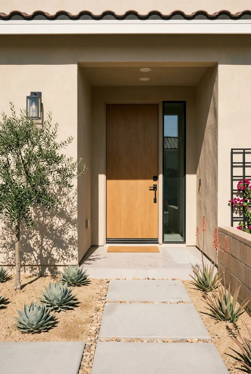 Market-ready front door set in a porch recess beside curated xeriscaping.