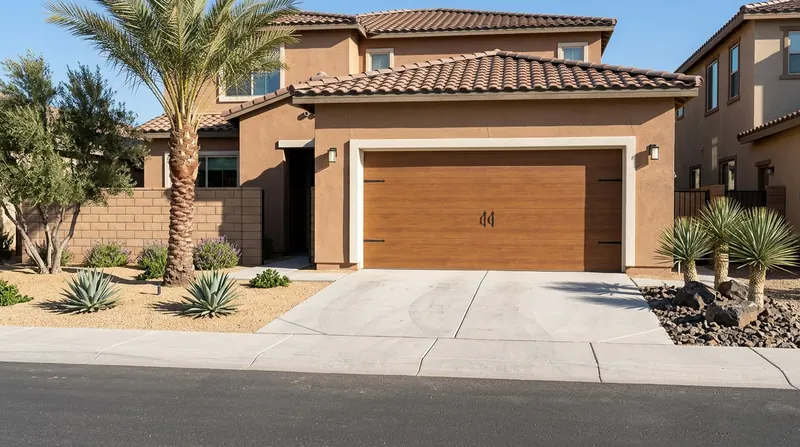 Two-story stucco home with a driveway, garage, and xeriscaped foreground.