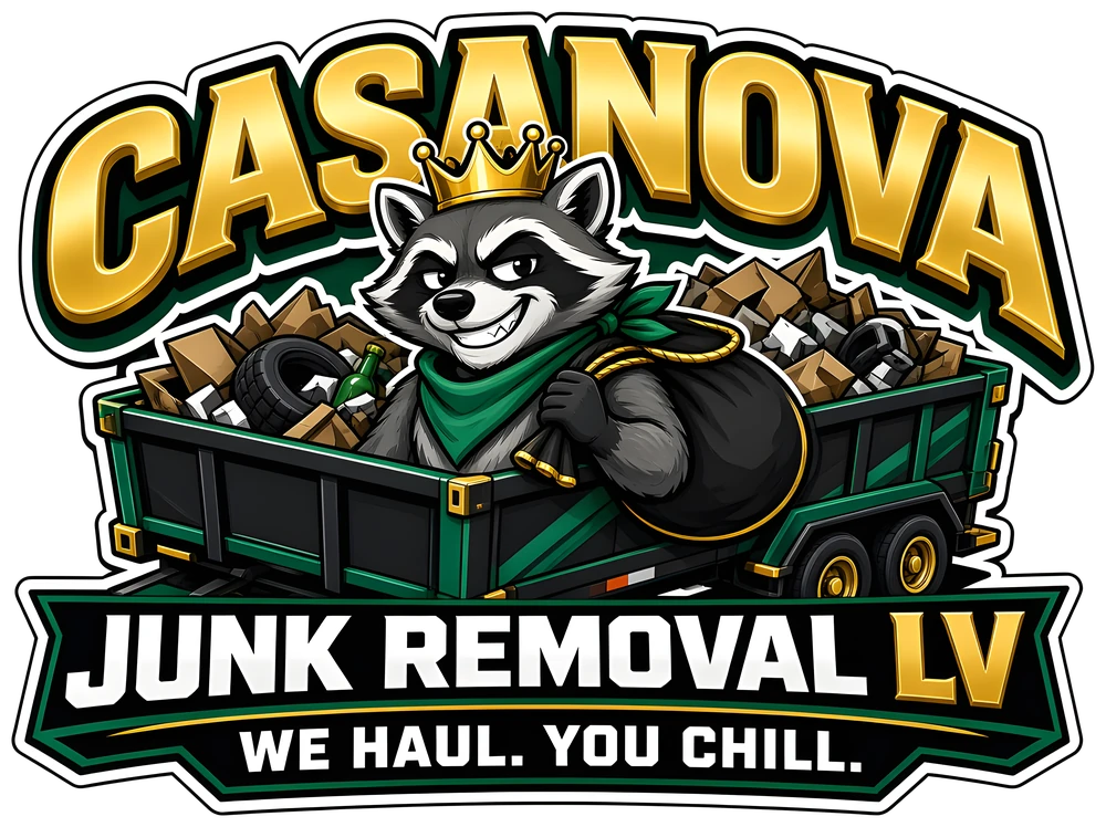 Casanova Junk Removal LV: raccoon mascot in a loaded dump trailer. We haul. You chill.
